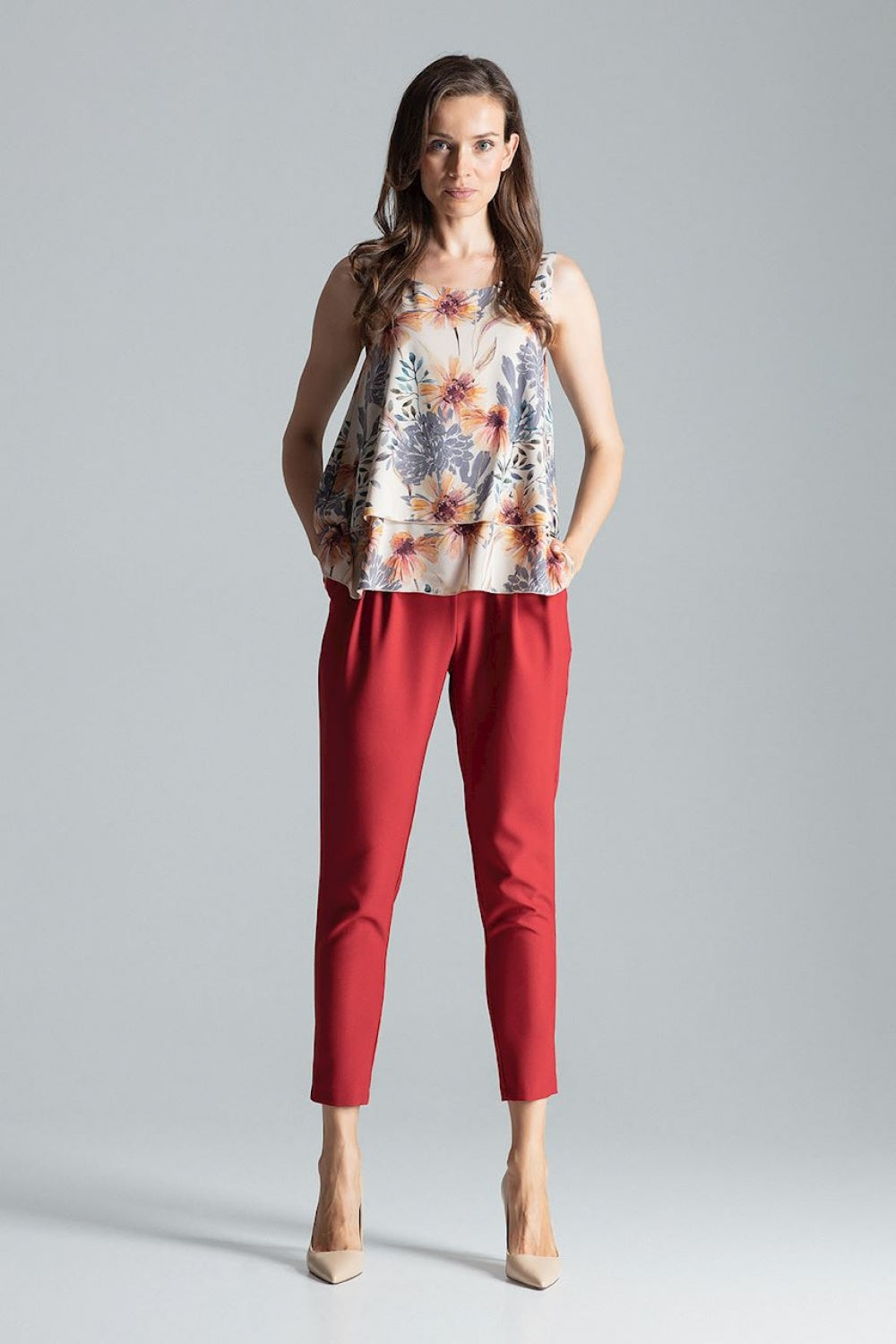 Figl Patterned Round Neck Flared Sleeveless Blouse - view 4