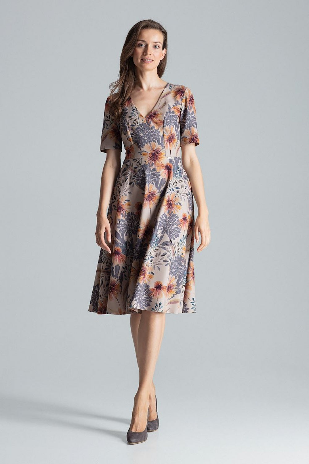 Figl Patterned Polyester Midi Flared Dress
