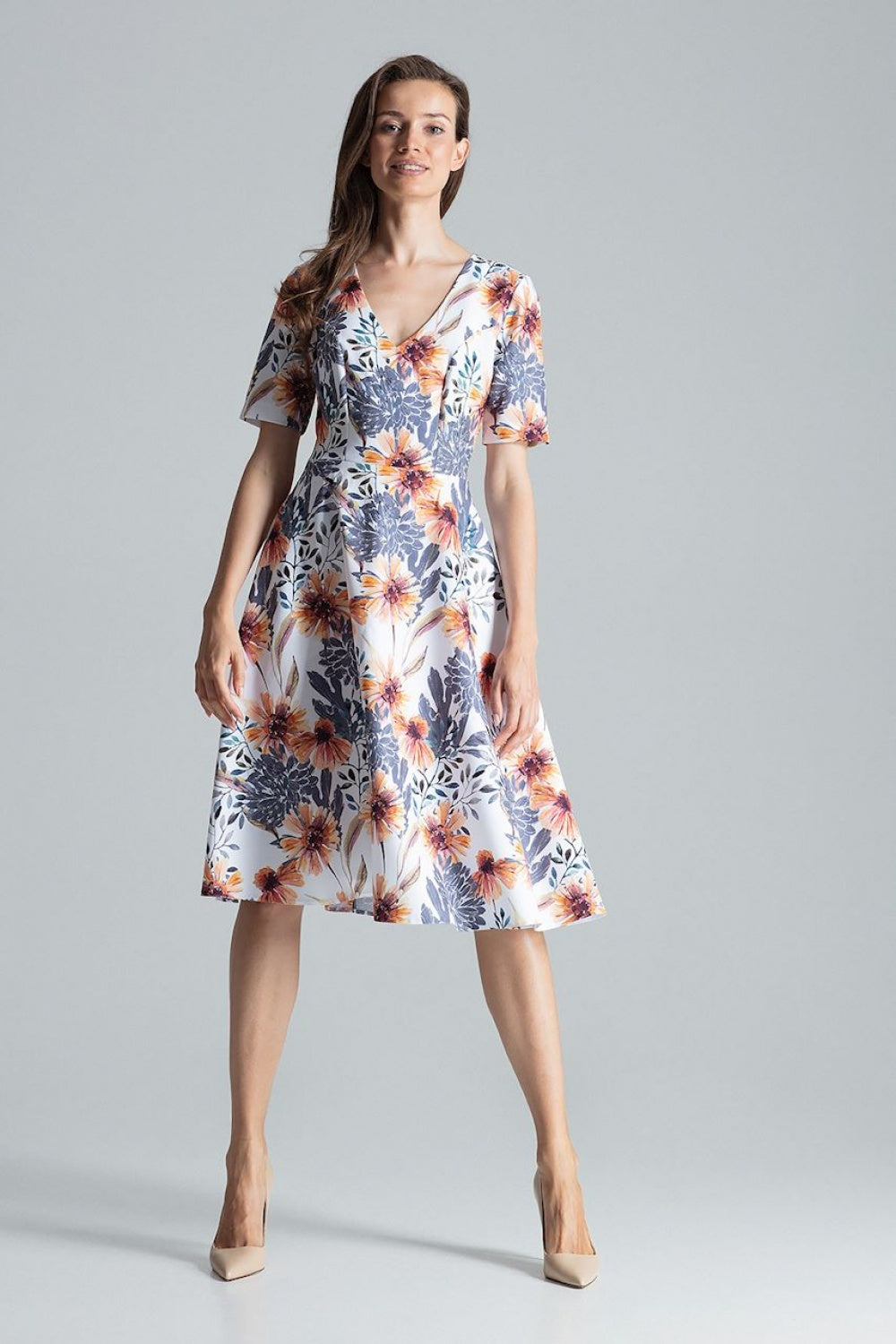 Figl Patterned Midi Flared Dress with Pockets
