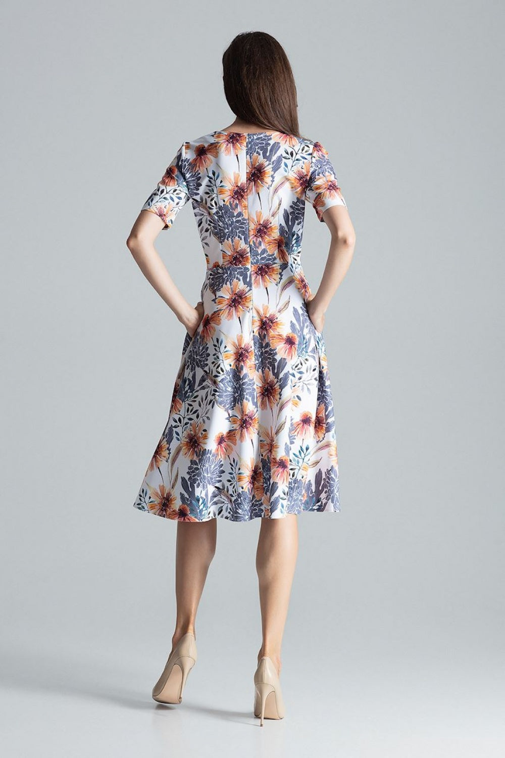 Figl Patterned Midi Flared Dress with Pockets - view 3