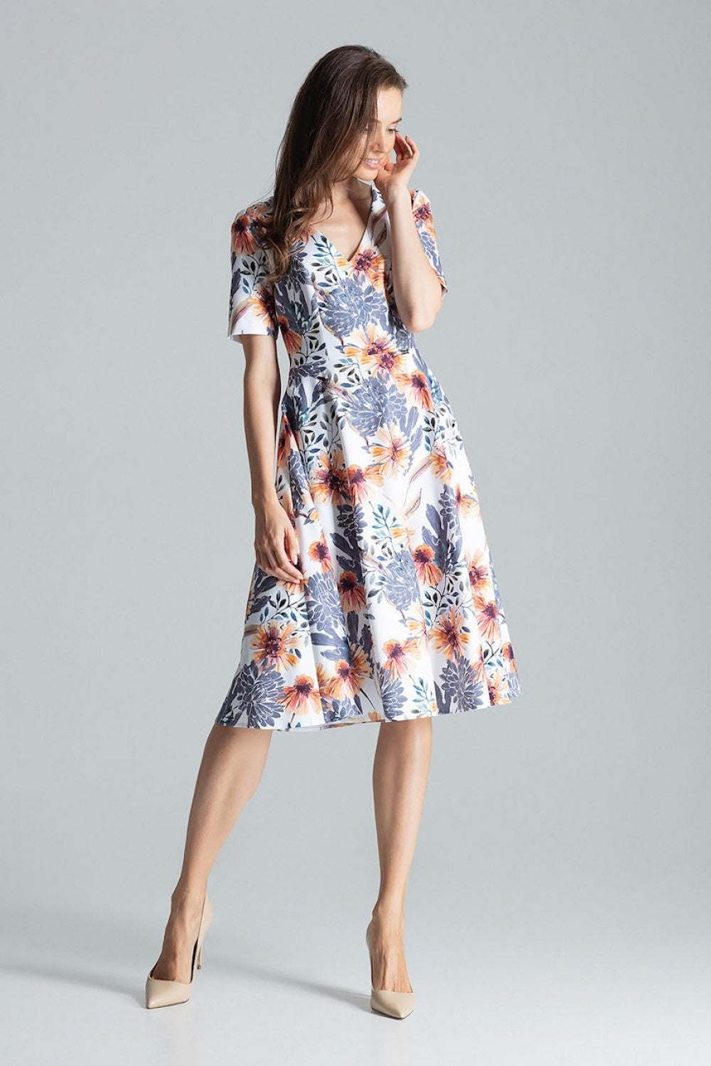 Figl Patterned Midi Flared Dress with Pockets - view 4