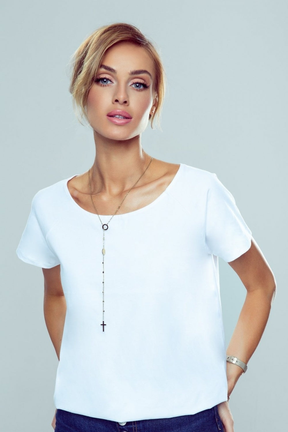 Eldar Ilza White Satin Short Sleeve Blouse