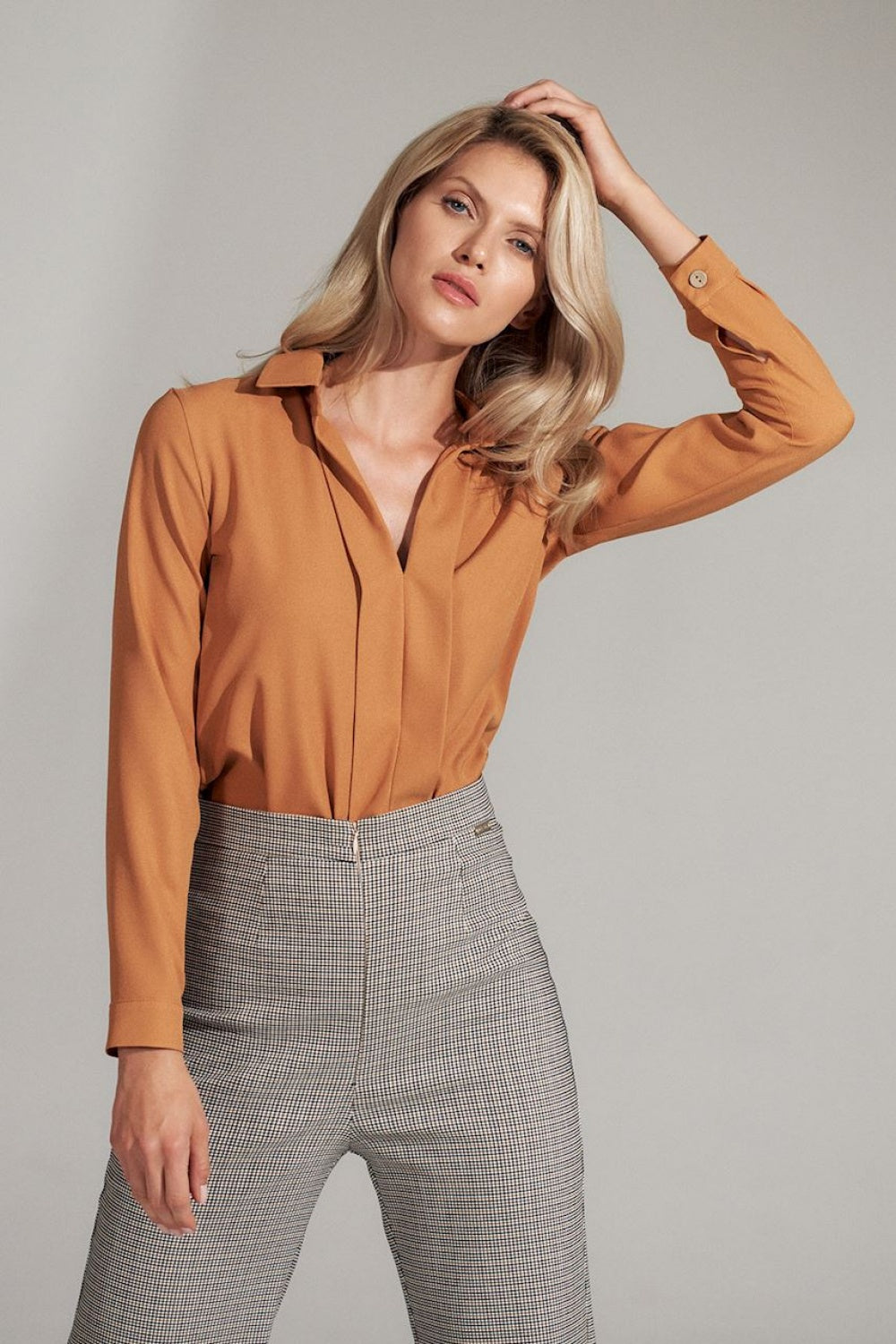 Figl Brown Pleated Long Sleeve Blouse