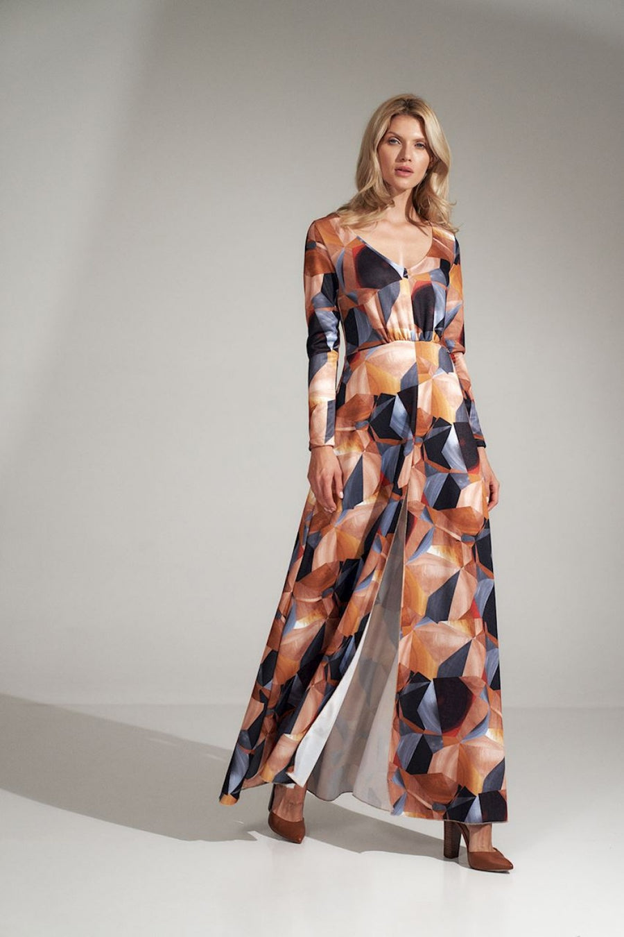 Figl Patterned Polyester Pleated Long Sleeve Dress