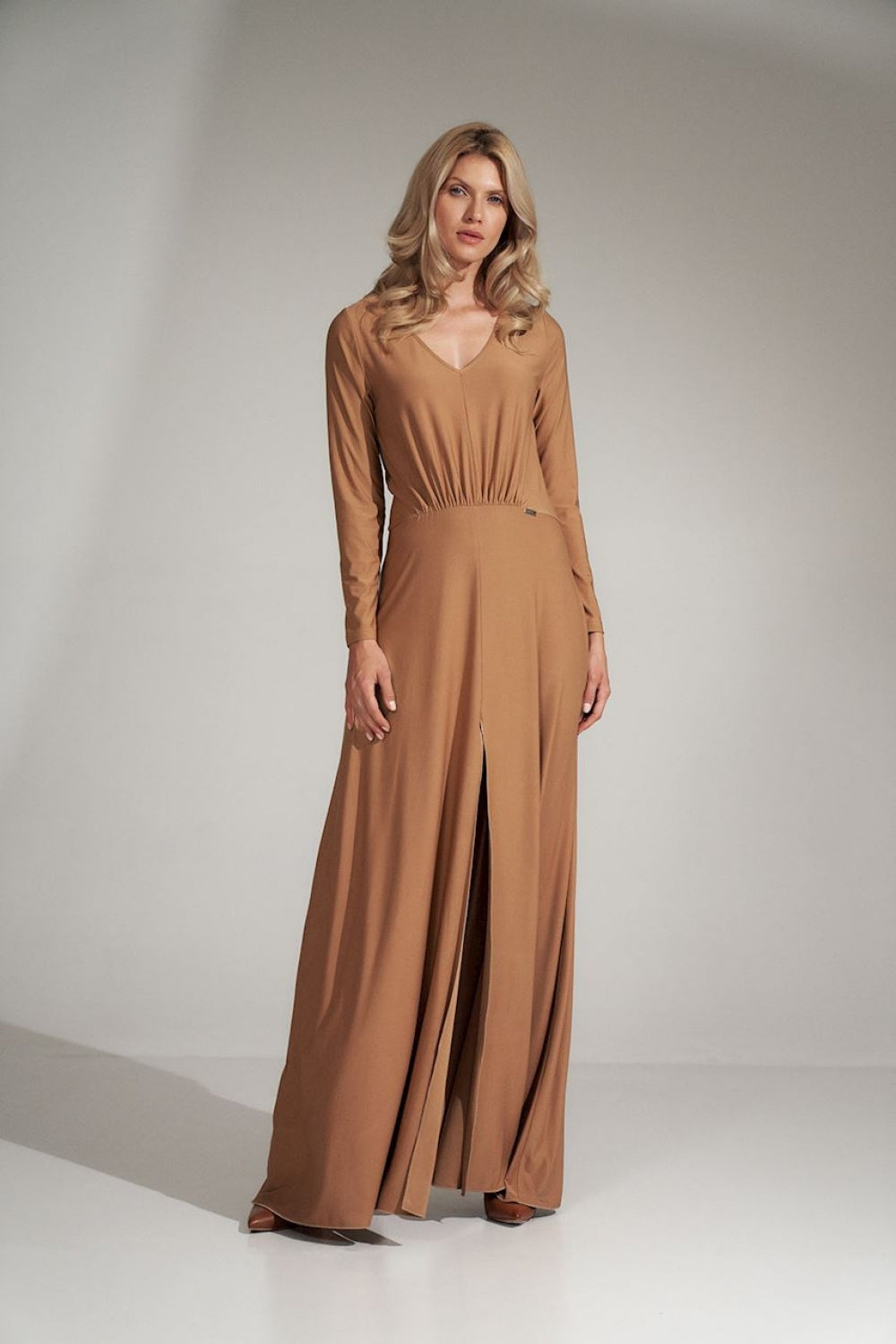 Figl Beige Pleated V-Neck Dress