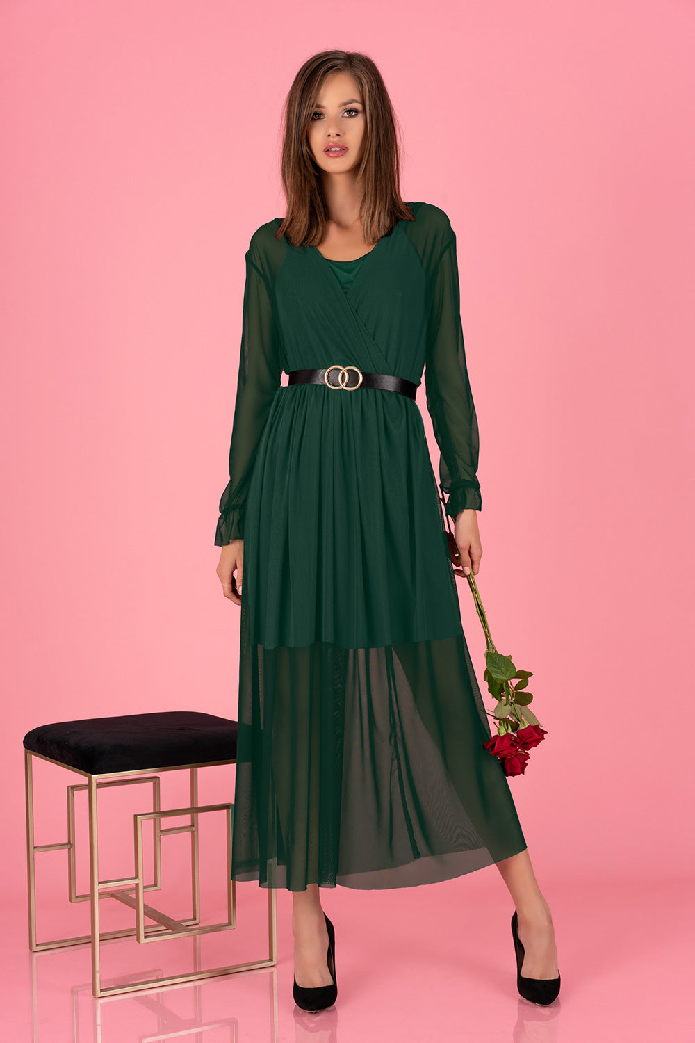 Merribel Mariedam Dark Dark Green Mesh Cocktail Dress