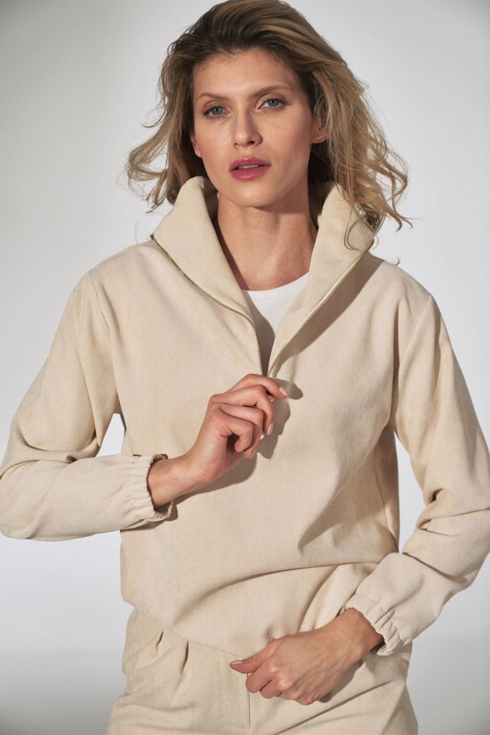 Figl Beige Zip Up Long Sleeve Sweatshirt - view 4