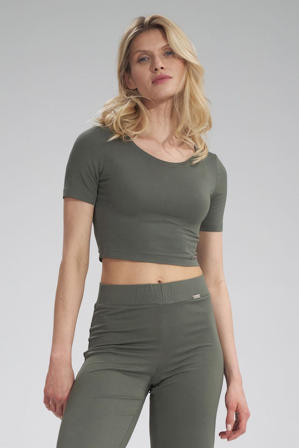 Figl Olive Cropped Short Sleeve Blouse