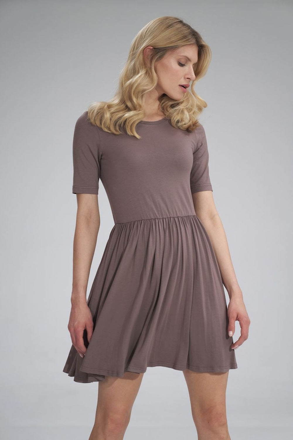 Figl Brown Flared Short Sleeve Dress