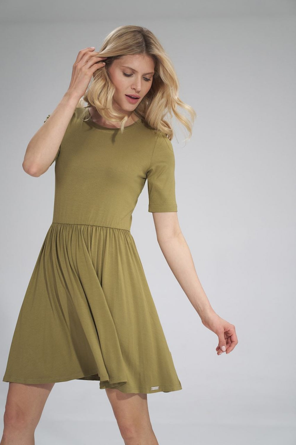 Figl Light Olive Flared Short Sleeve Dress