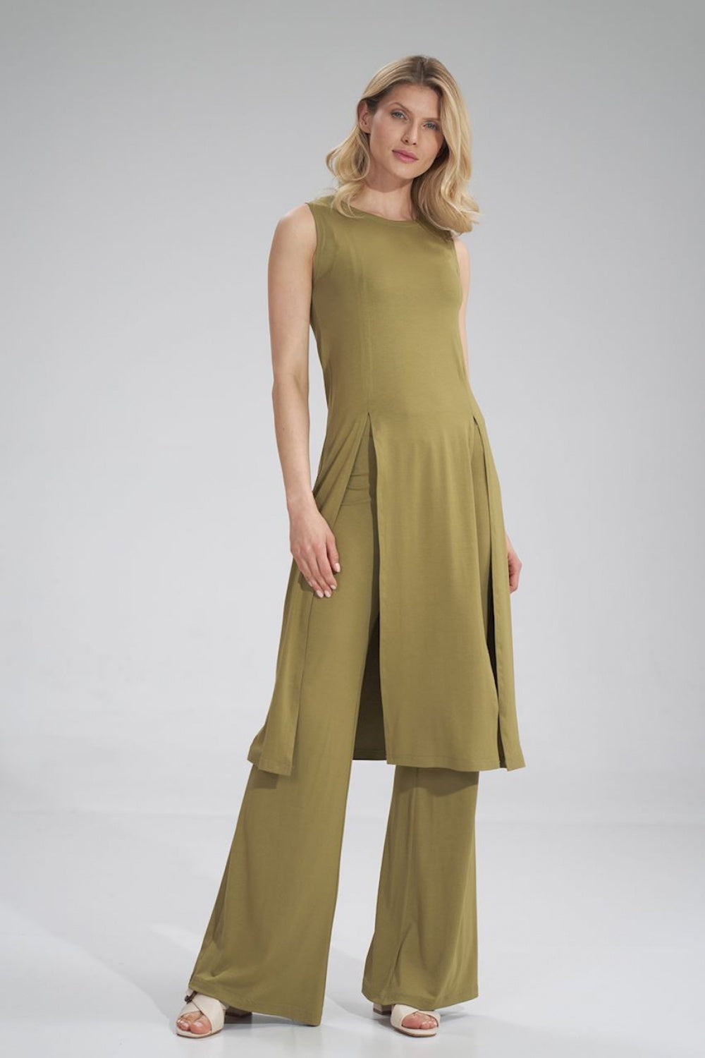 Figl Light Olive Midi Sleeveless Tunic