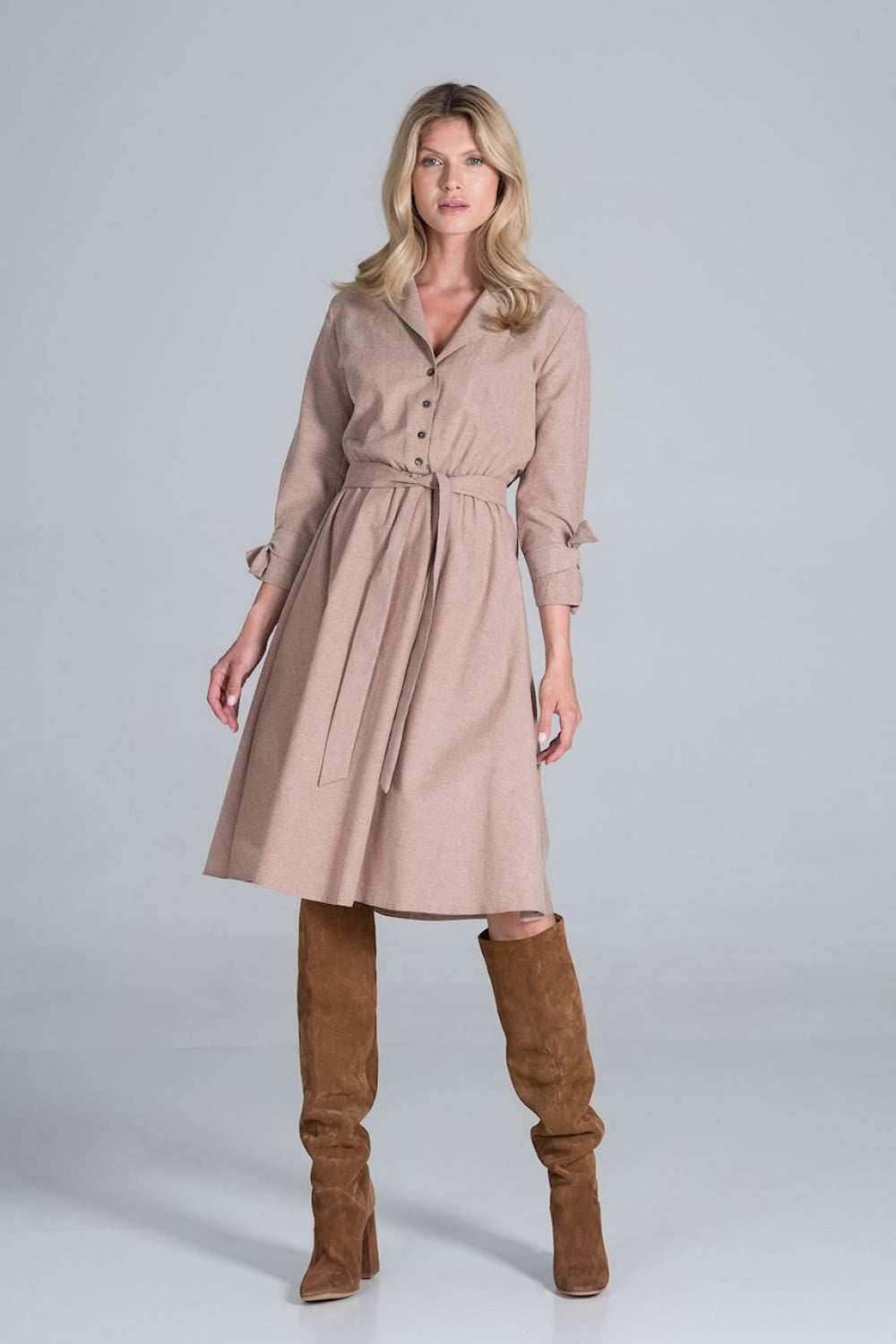 Figl Beige Midi Flared V-Neck Dress