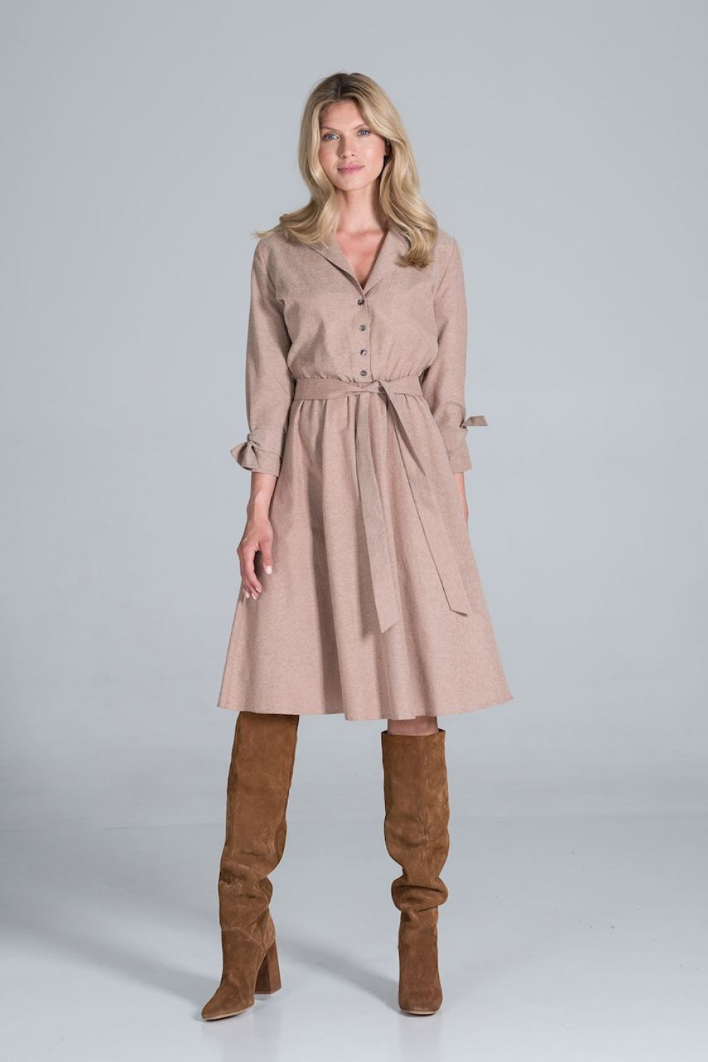 Figl Beige Midi Flared V-Neck Dress - view 2