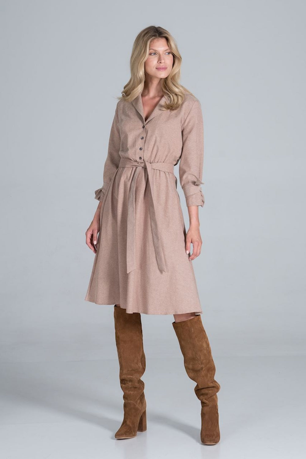 Figl Beige Midi Flared V-Neck Dress - view 4