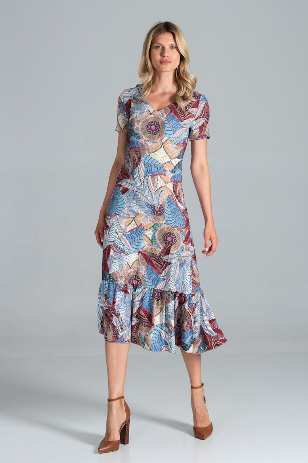 Figl Patterned Midi Flared Short Sleeve Dress
