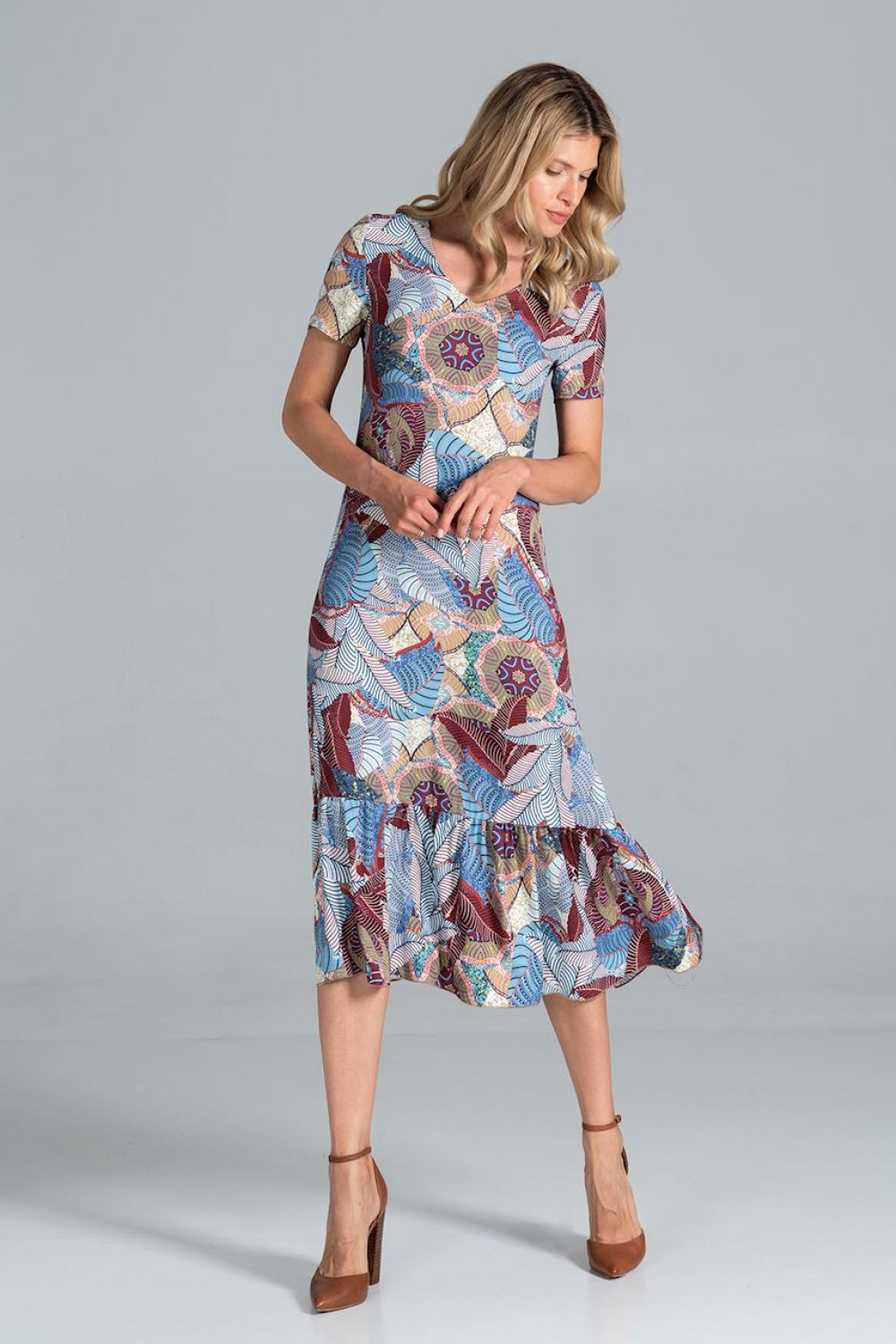 Figl Patterned Midi Flared Short Sleeve Dress - view 2