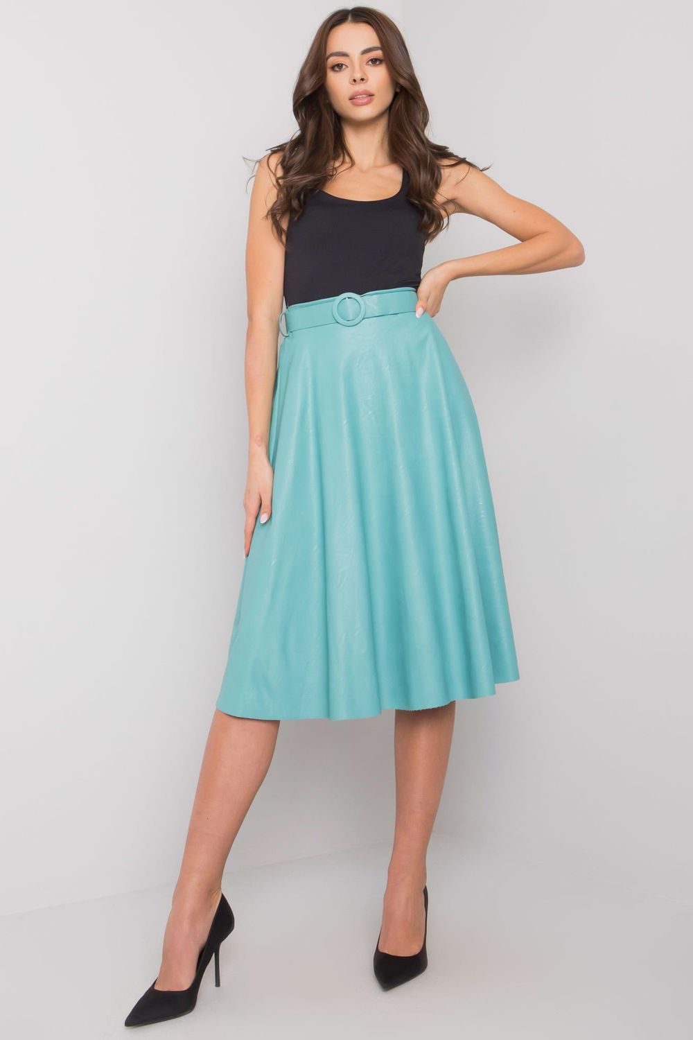 Italy Moda Light Blue Faux Leather Flared Skirt