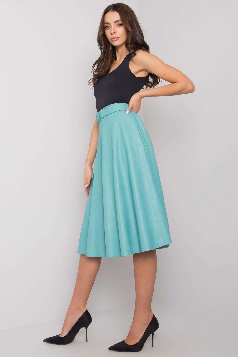 Italy Moda Light Blue Faux Leather Flared Skirt - view 2