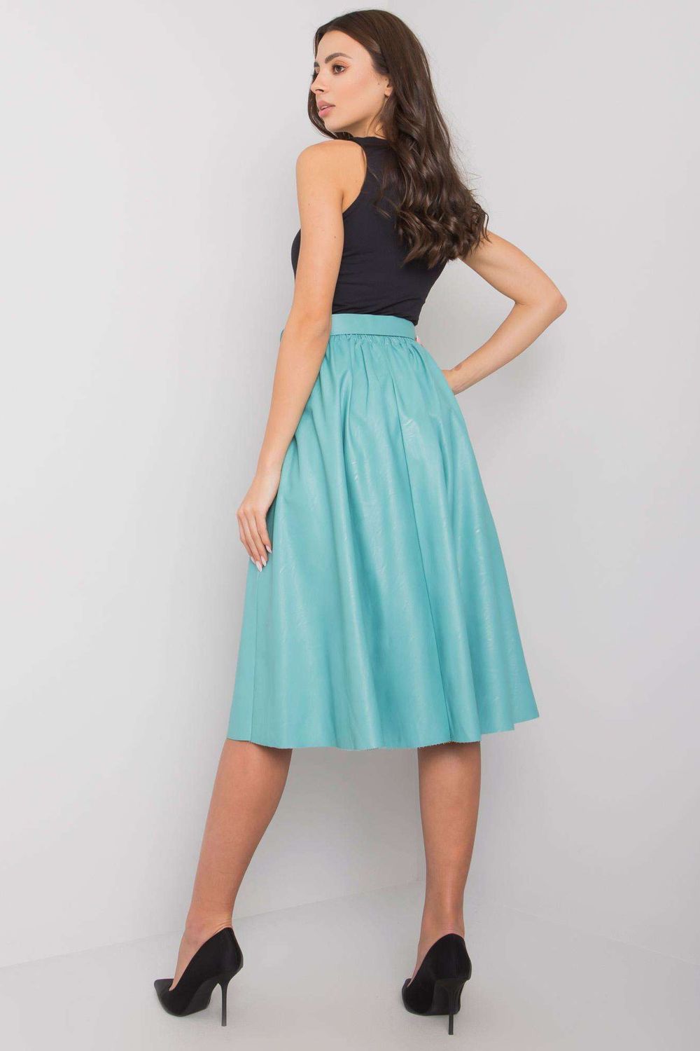 Italy Moda Light Blue Faux Leather Flared Skirt - view 3