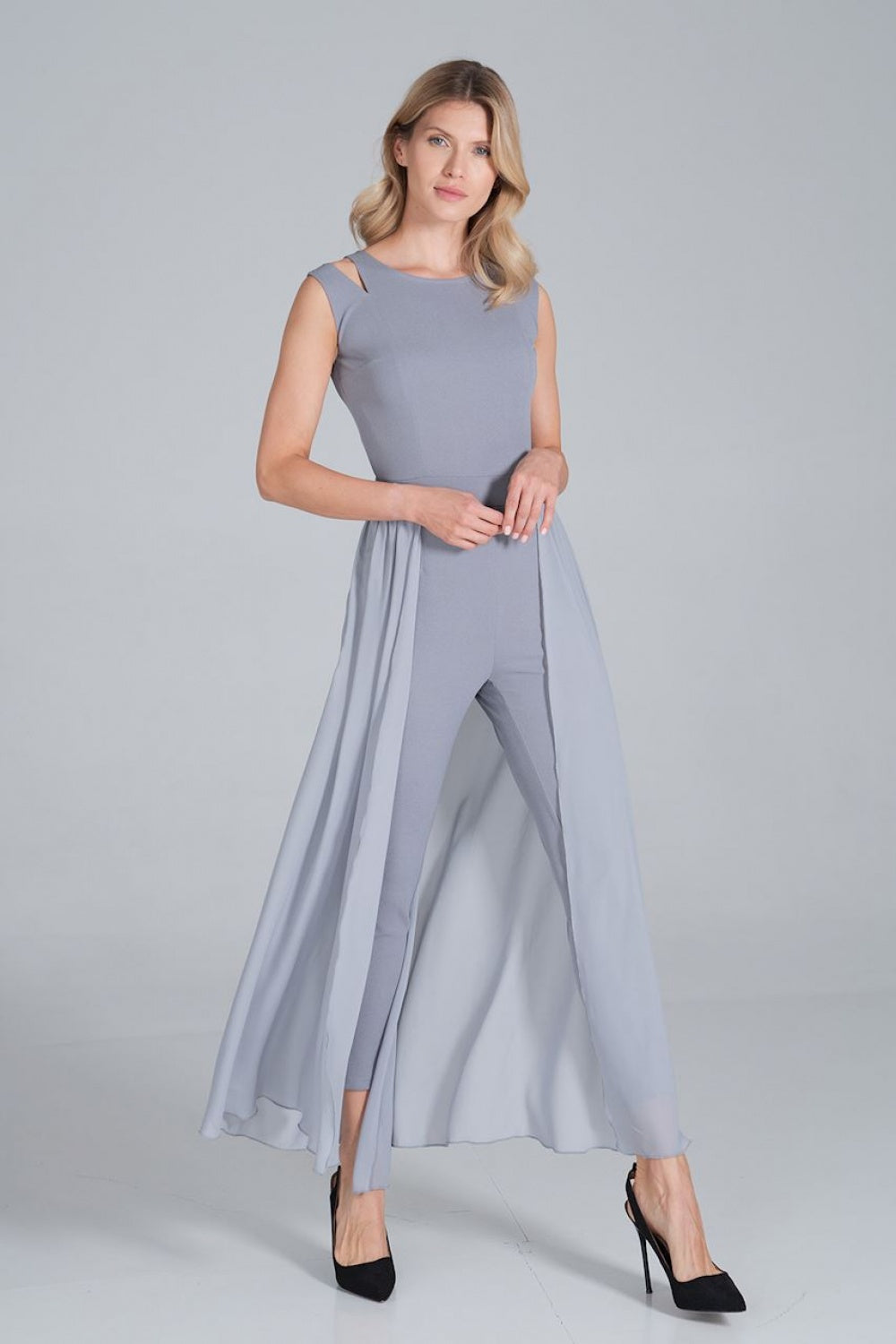 Figl Grey Chiffon Sleeveless Jumpsuit