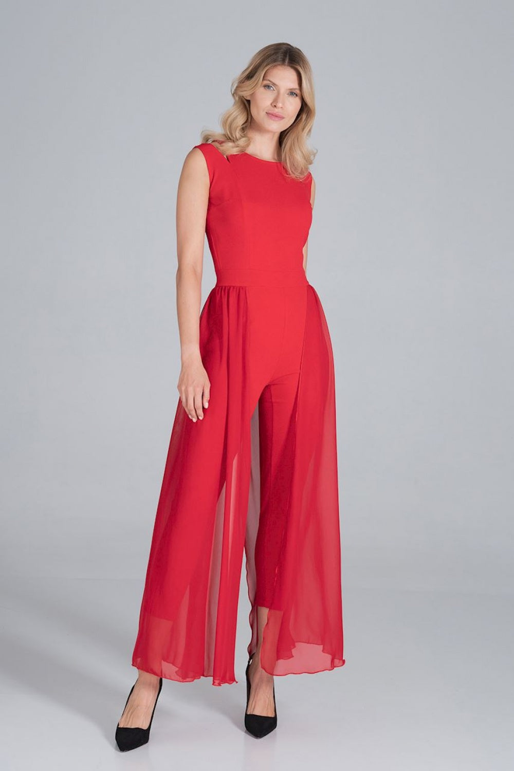 Figl Red Chiffon Sleeveless Jumpsuit