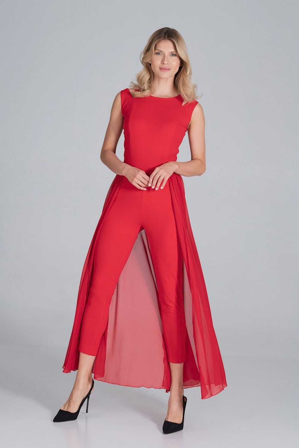 Figl Red Chiffon Sleeveless Jumpsuit - view 4