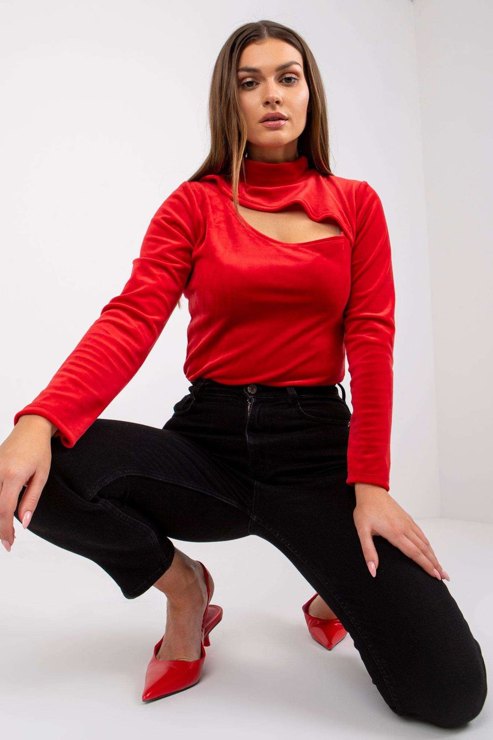 Italy Moda Red Velvet Long Sleeve Blouse
