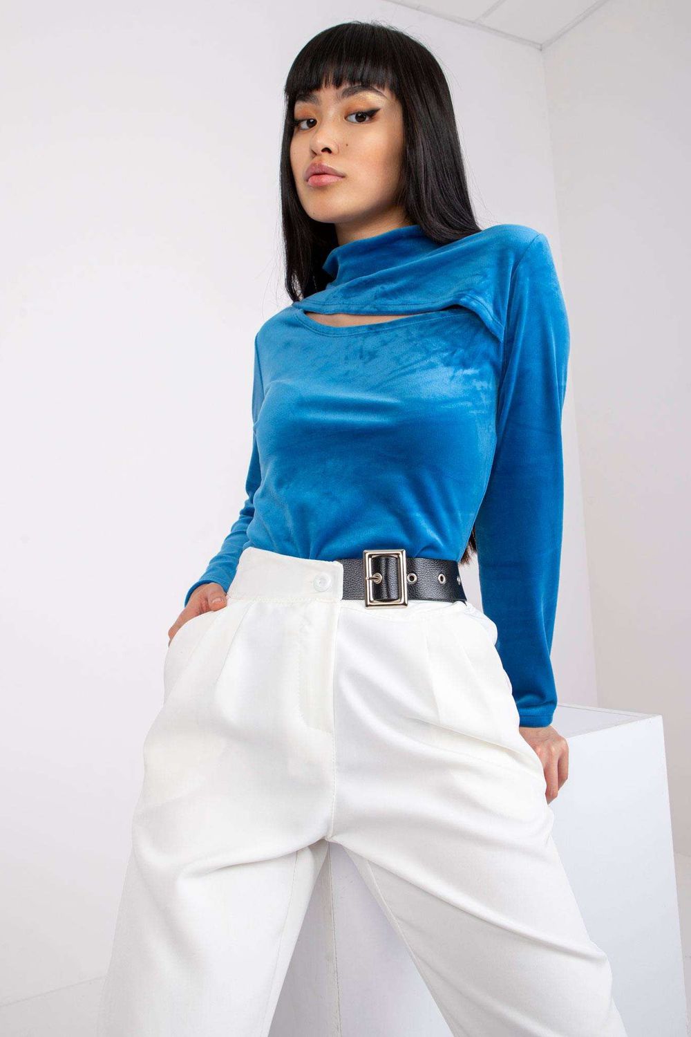 Italy Moda Blue Velvet Long Sleeve Blouse