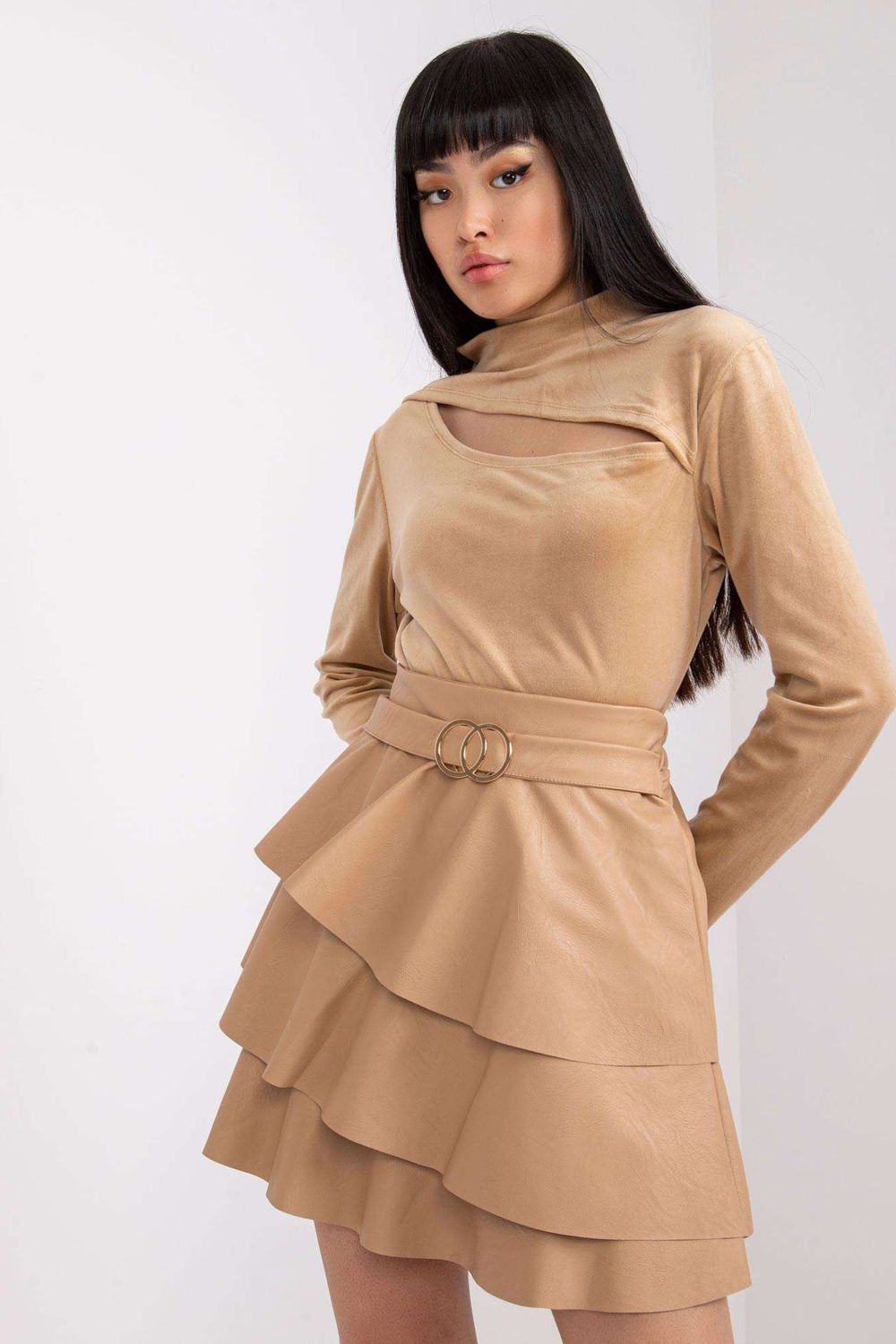 Italy Moda Dark Beige Velvet Long Sleeve Blouse