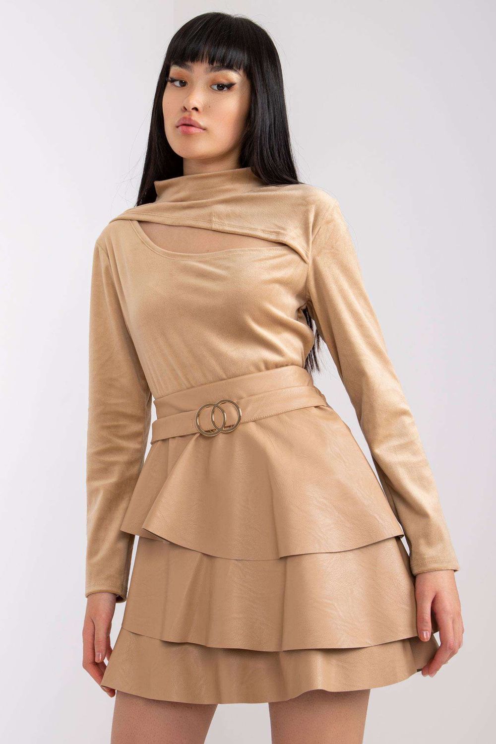 Italy Moda Dark Beige Velvet Long Sleeve Blouse - view 2