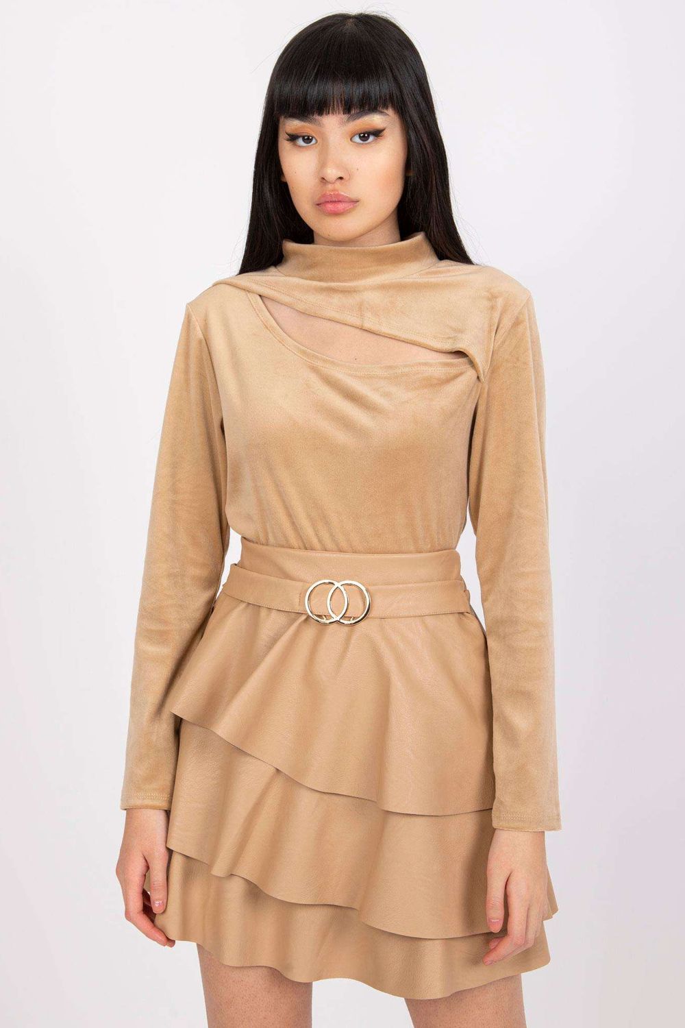 Italy Moda Dark Beige Velvet Long Sleeve Blouse - view 3