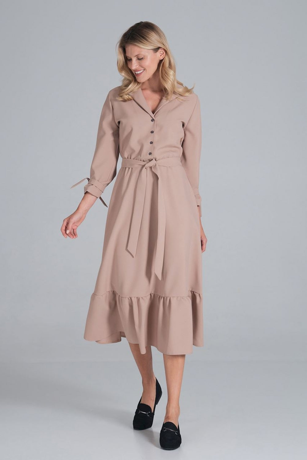 Figl Beige Maxi Flared V-Neck Dress