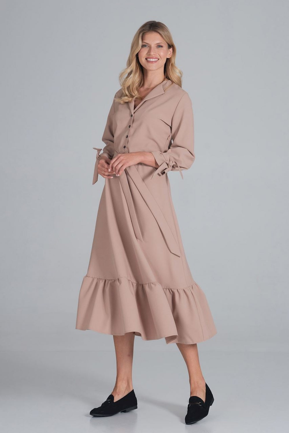 Figl Beige Maxi Flared V-Neck Dress - view 4
