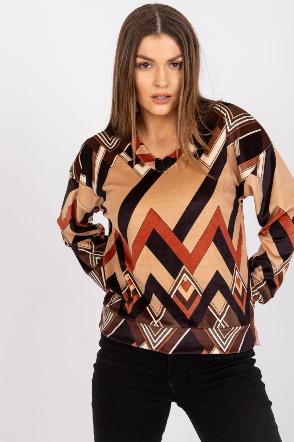 Italy Moda Brown Velvet Long Sleeve Blouse