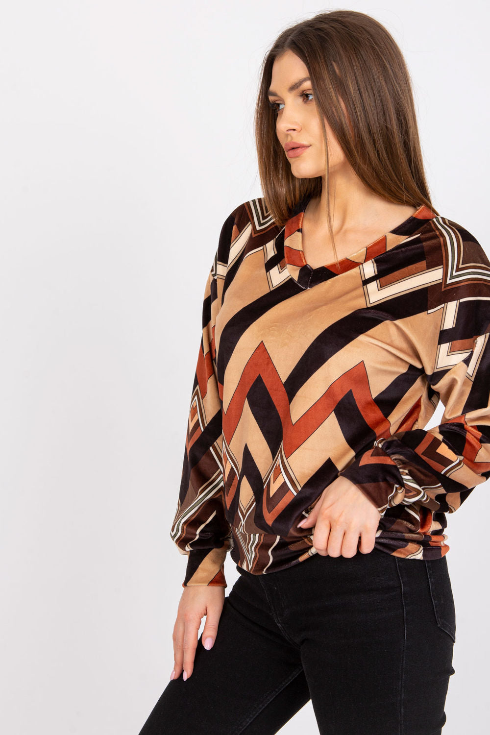 Italy Moda Brown Velvet Long Sleeve Blouse - view 2