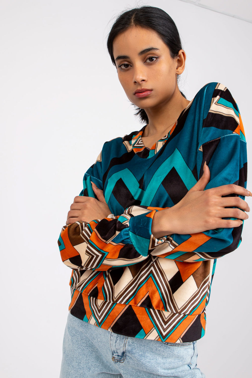 Italy Moda Teal Velvet Long Sleeve Blouse