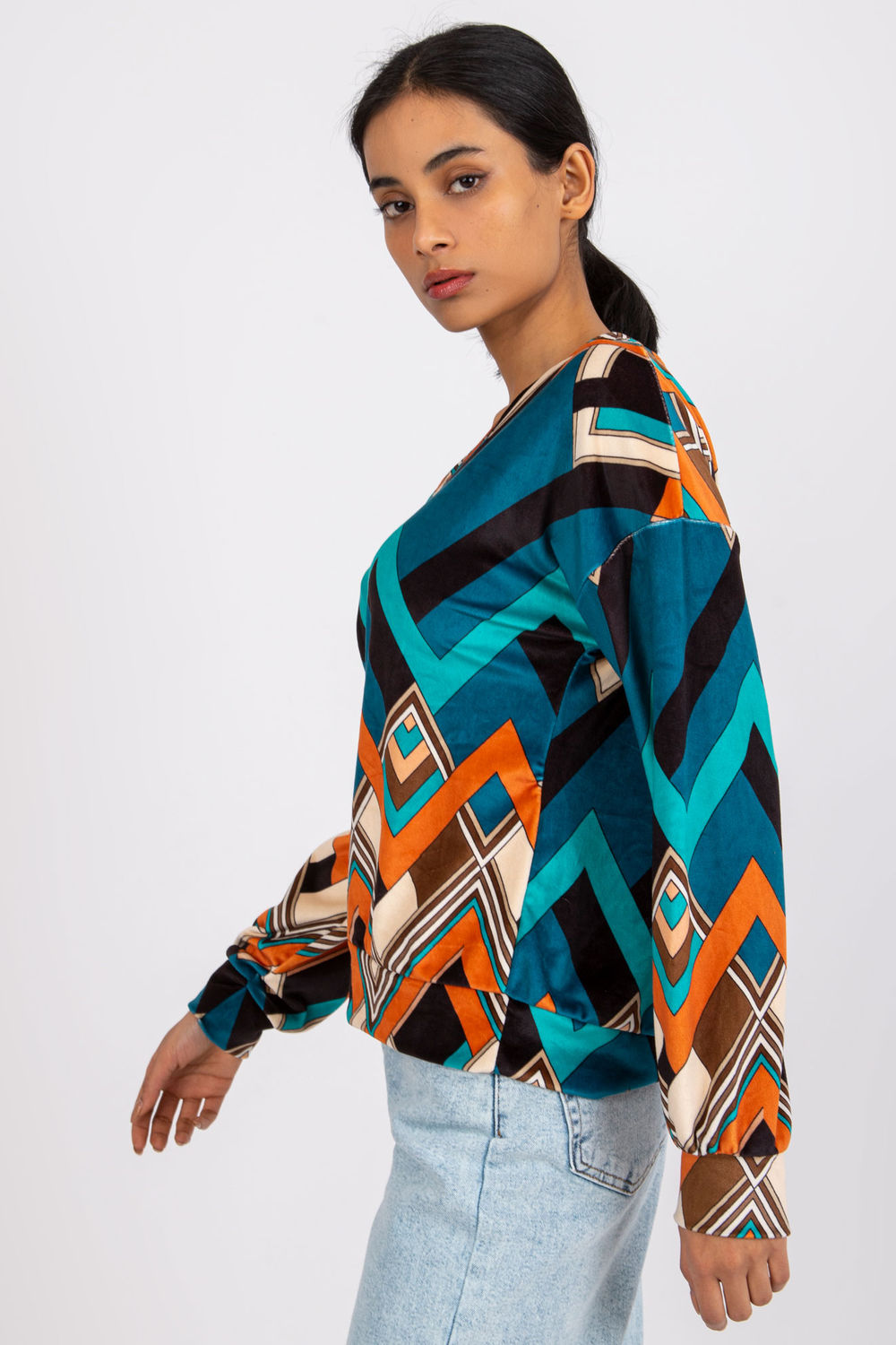Italy Moda Teal Velvet Long Sleeve Blouse - view 2