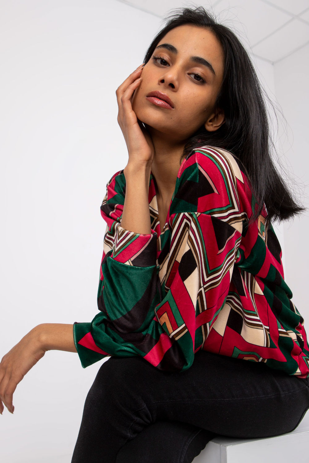 Italy Moda Green Velvet Long Sleeve Blouse - view 2