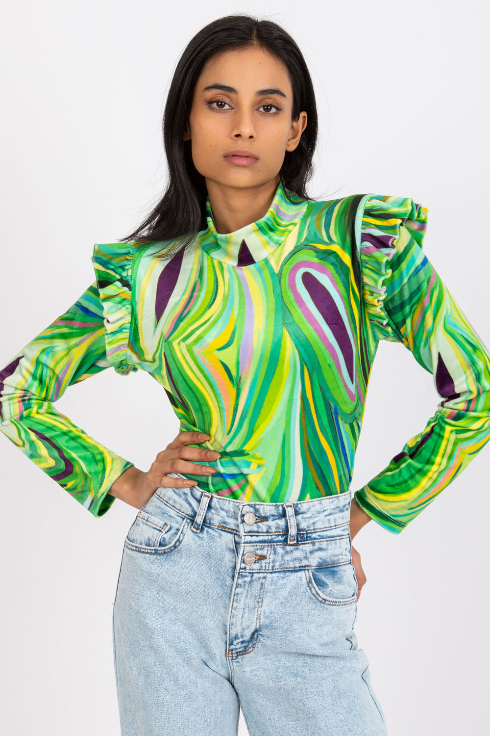 Italy Moda Green Collared Velvet Long Sleeve Blouse