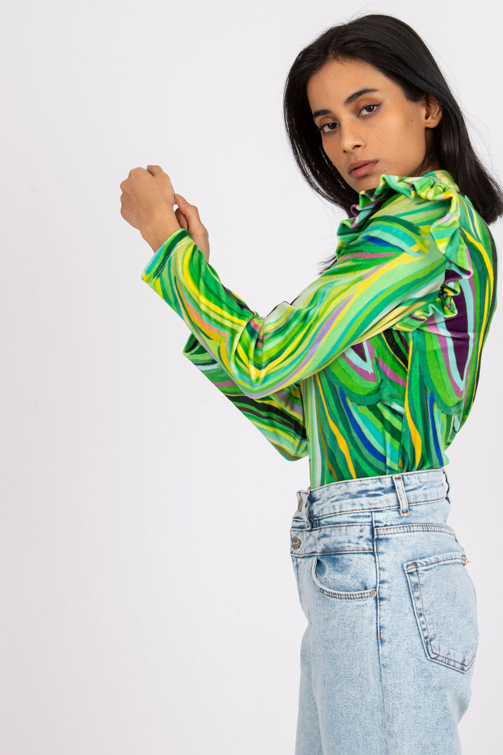 Italy Moda Green Collared Velvet Long Sleeve Blouse - view 2