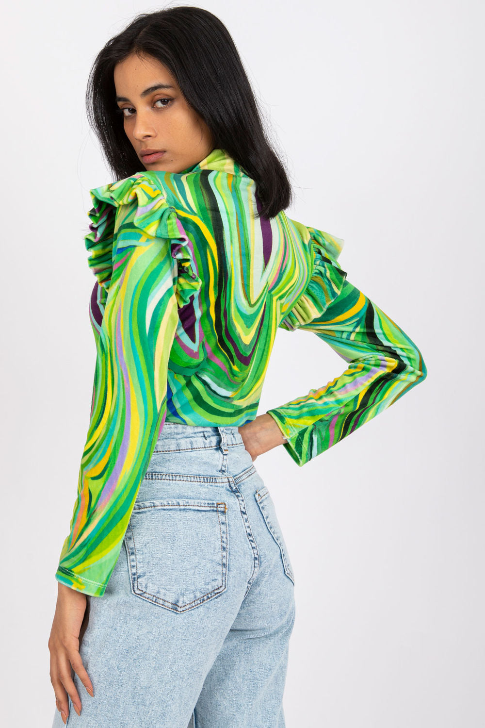 Italy Moda Green Collared Velvet Long Sleeve Blouse - view 3