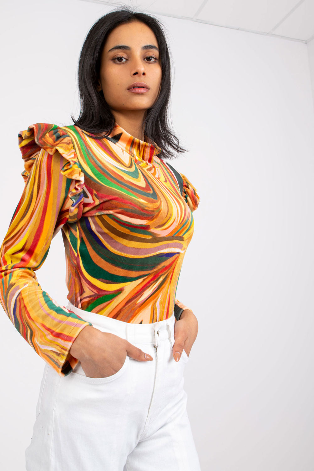 Italy Moda Yellow Velvet Long Sleeve Blouse