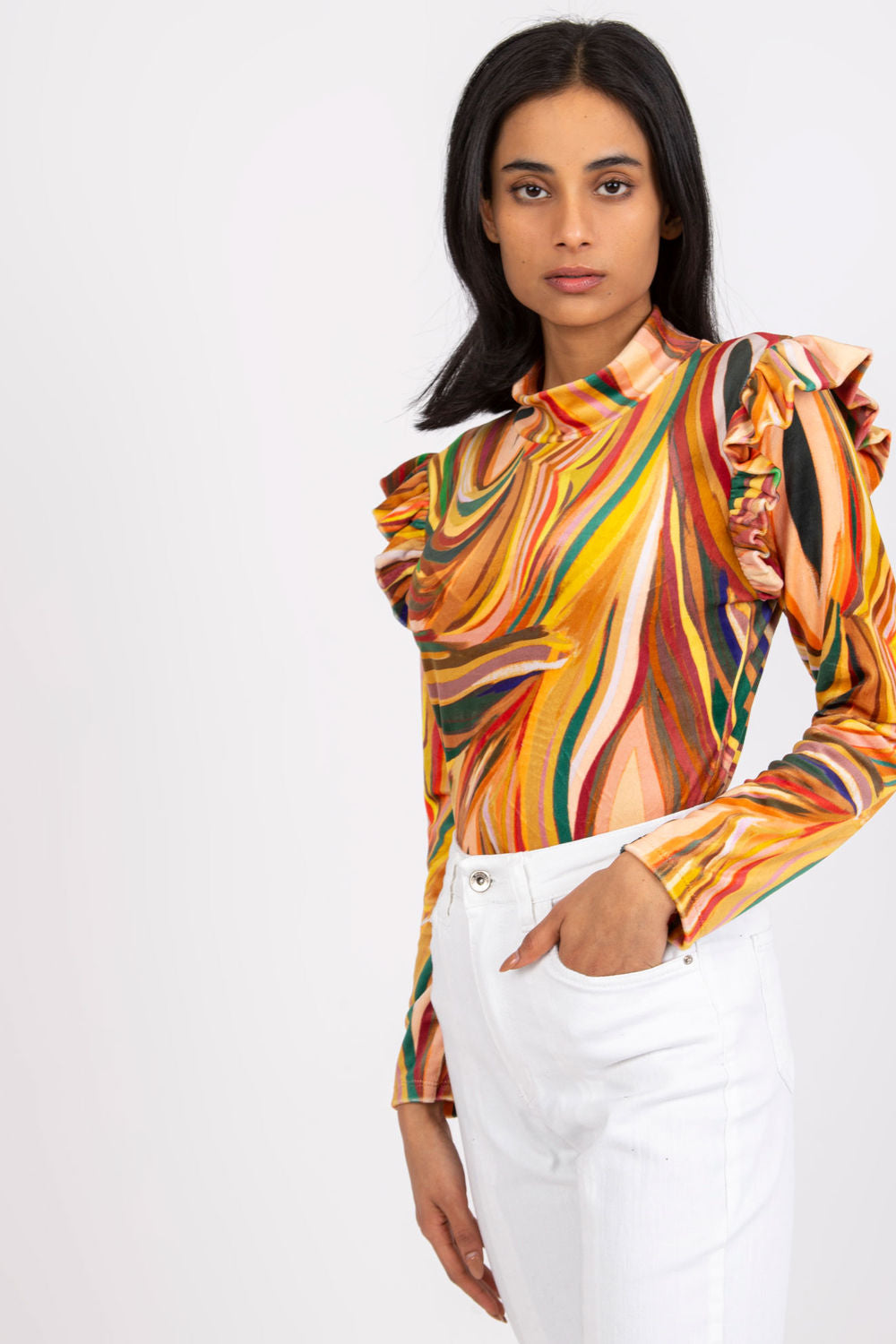 Italy Moda Yellow Velvet Long Sleeve Blouse - view 2