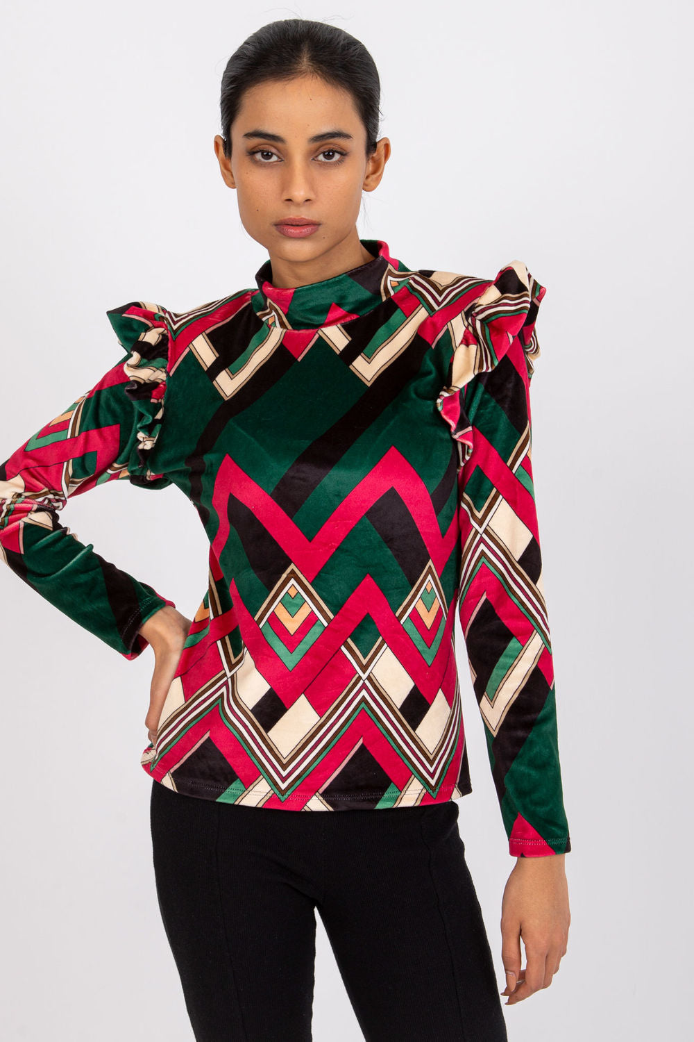 Italy Moda Green Stand Collar Velvet Long Sleeve Blouse