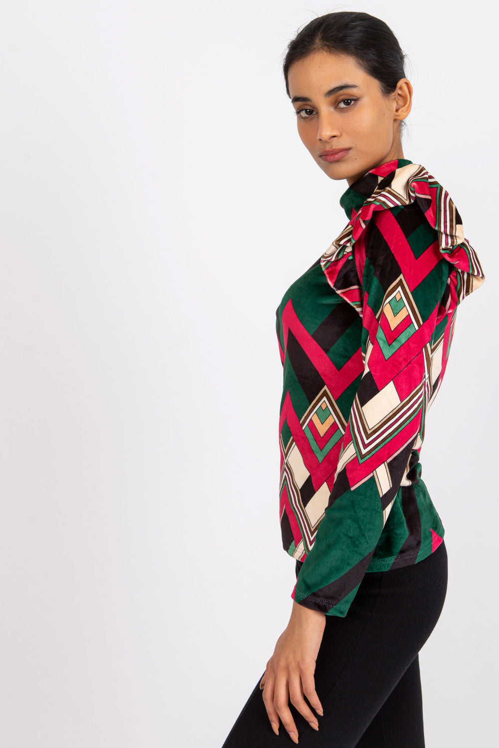 Italy Moda Green Stand Collar Velvet Long Sleeve Blouse - view 2