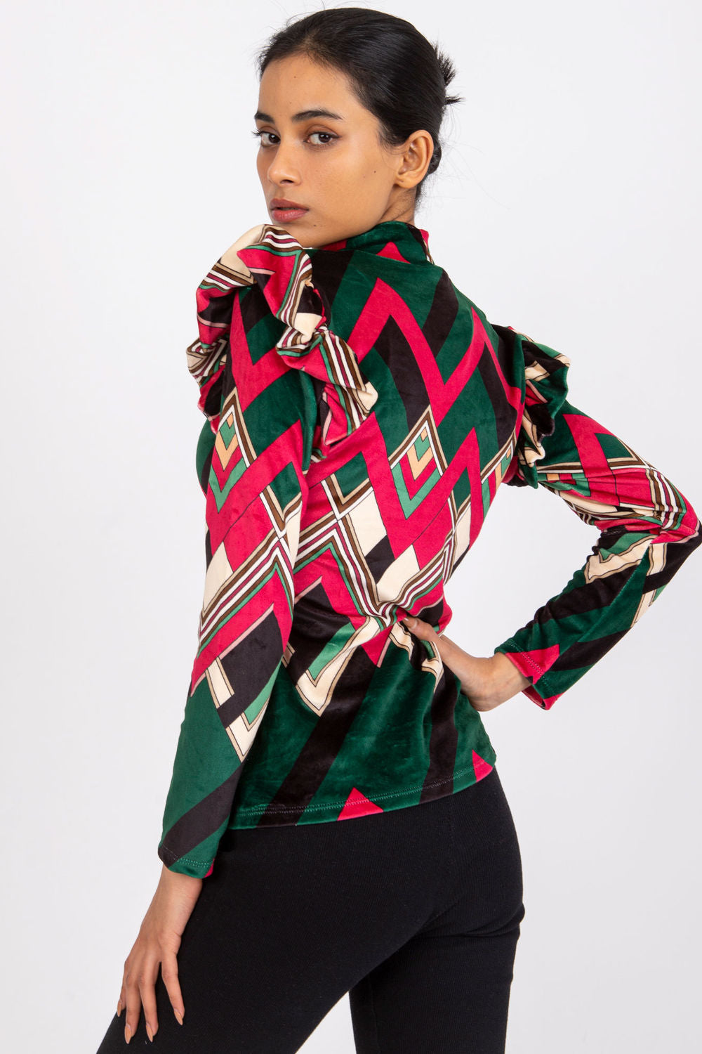 Italy Moda Green Stand Collar Velvet Long Sleeve Blouse - view 3