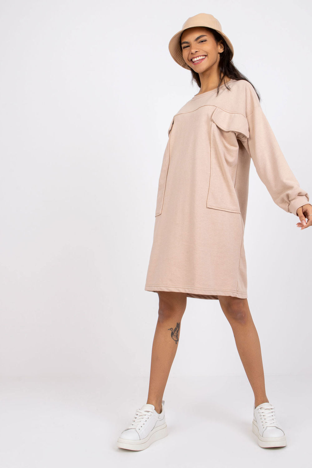 Ex Moda Beige Loose Fit Long Sleeve Dress