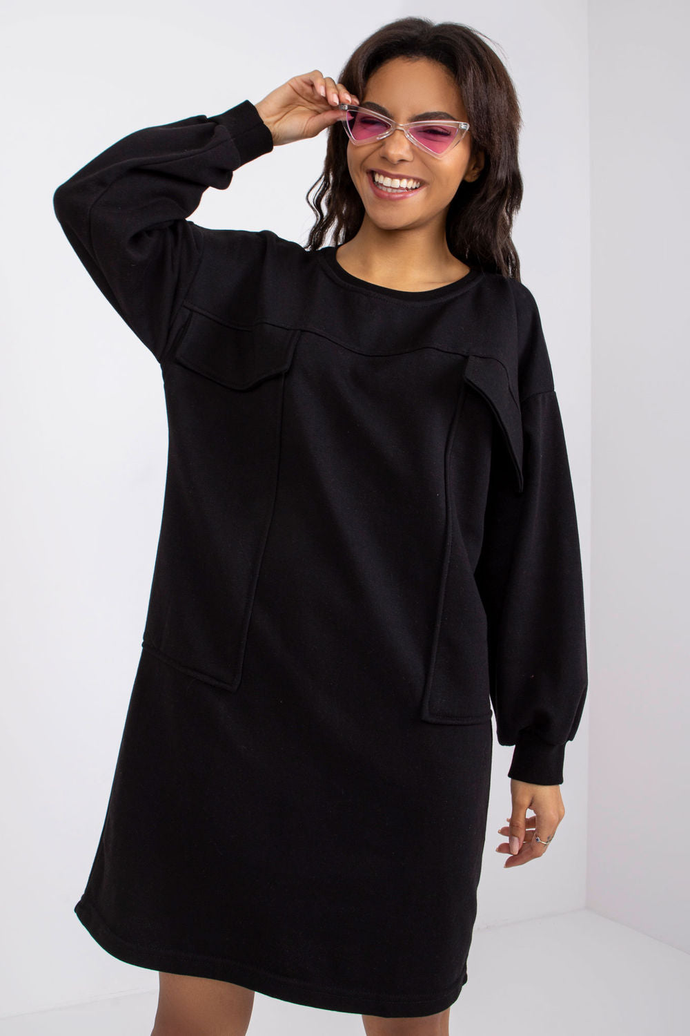 Ex Moda Black Loose Fit Long Sleeve Dress