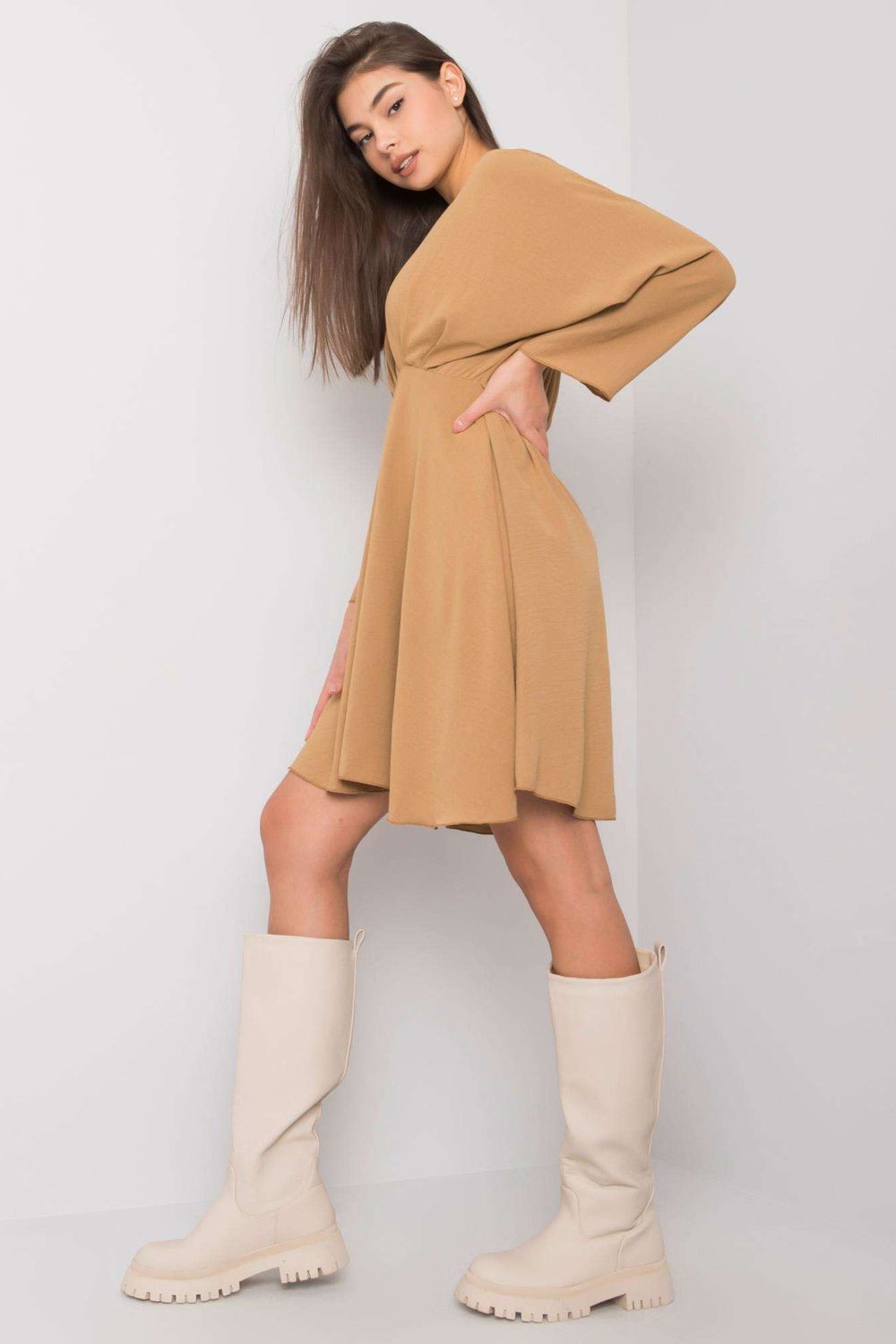 Italy Moda Dark Beige Flared Dress - view 2