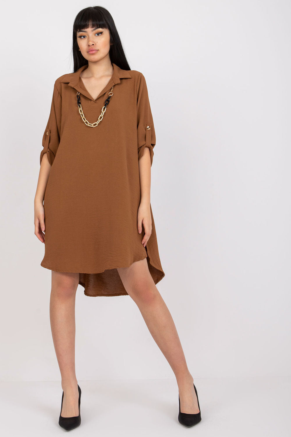 Italy Moda Brown Collared Long Sleeve Dress